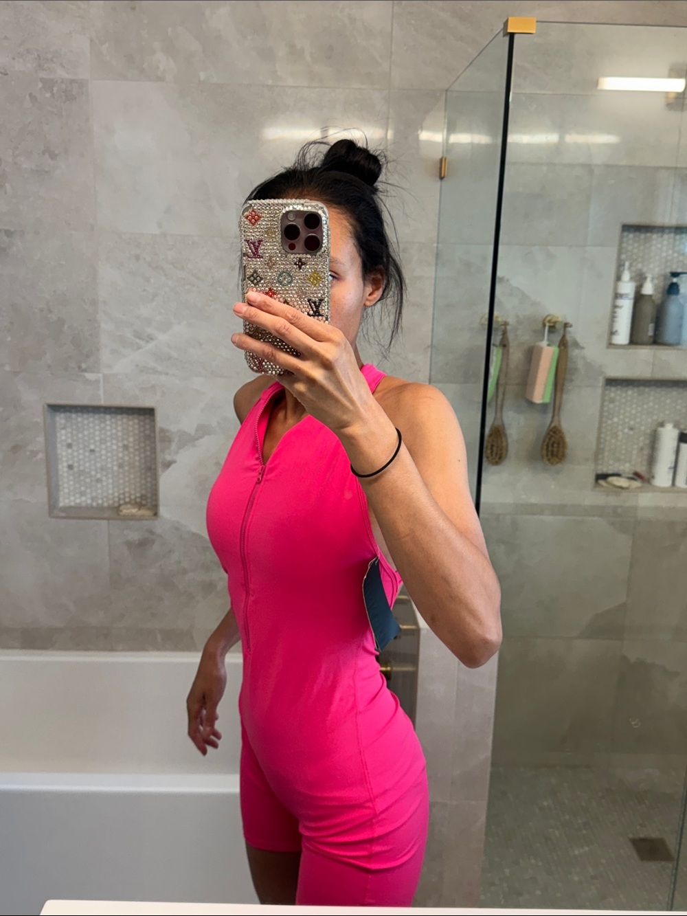 Fleo Hot Pink Front Zip High-Neck One-Piece workout Romper Medium